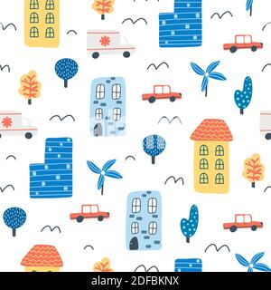 Cute city scene seamless pattern with ambulance, houses, cars, windmills and trees. Hand drawn Scandinavian style vector illustration for print and de Stock Vector