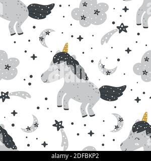 Cute unicorn seamless pattern with celestial elements: moon, clouds, stars and abstract dots. Hand drawn Scandinavian style vector illustration for de Stock Vector