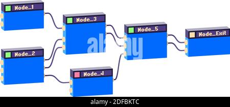 Linked nodes construction with logic and mathematical units connected for calculation. Abstract IT illustration for developing and creating process. Stock Vector