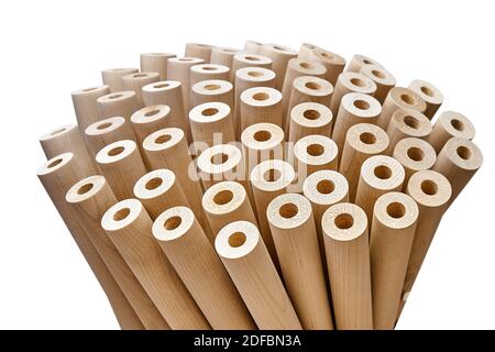 Wooden flower from turned legs, concept. Turned wooden legs folded like a flower isolated on white background Stock Photo