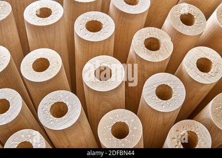 Wooden flower from turned legs, concept. Turned wooden legs folded like a flower. Close-up Stock Photo