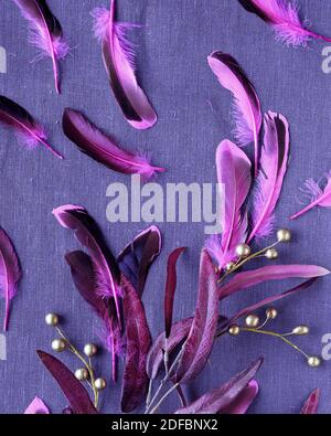 Scattered pink purple feathers, artificial plant with matching leaves, gold berries on canvas linen Stock Photo