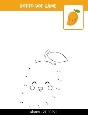 Connect the dots game with cute kawaii mango. Educational worksheet. Stock Vector