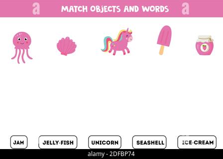 Match pink objects and written words. Logical game for kids. Practicing reading skills. Stock Vector
