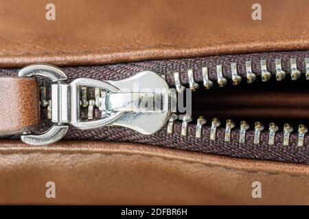Close Up of Zipper and Leather Bag Stock Photo