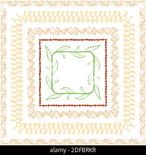 Vector set of hand drawn square frames with doodle. Vector isolated illustration. Brushes with corner tiles and ends are included in eps. Stock Vector
