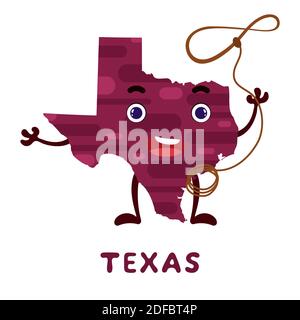 Cute cartoon Texas state character clipart. Illustrated map of state of Texas of USA with state name. Funny character design for kids game, sticker, Stock Vector