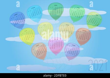 2021 colorful calendar template. Balloons and blue sky with clouds in a cute child cartoon style. Wall annual calendar design concept week starts on S Stock Vector