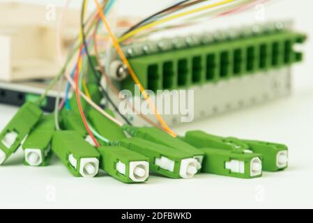 Industry technology network hardware, fiber optical cables with patch panel Stock Photo