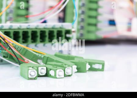 Industry technology network hardware, fiber optical cables with patch panel Stock Photo