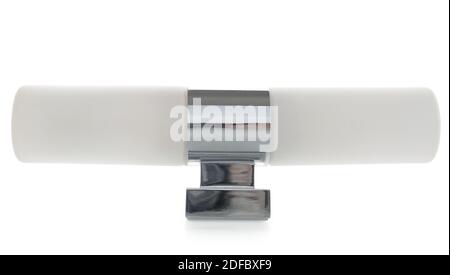 Plafond chandelier wall isolated on white background. Modern design diffuser white glass with chrome mount. Stock Photo
