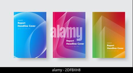 Design of vector minimalistic covers with gradient and geometric intersecting line shapes. Templates for general reports, books, booklets and flyers. Stock Vector