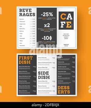 Design of a trifold menu for cafes and restaurants with alternating black and white blocks with orange elements. A4 templates for printing. Vector ill Stock Vector