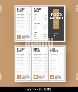 Template white vector trifold menu with a black cover and brown elements. Design for cafes and restaurants. Stock Vector