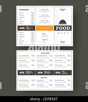Design vector folding menu for cafes and restaurants with vertical and horizontal blocks for text and shares. White color patterns with black strokes. Stock Vector