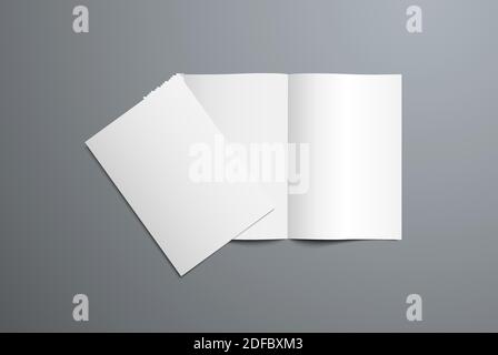 Realistic vector mockup of open and closed bi-fold brochure. White template of the blank catalog for the presentation of the design of the cover and p Stock Vector