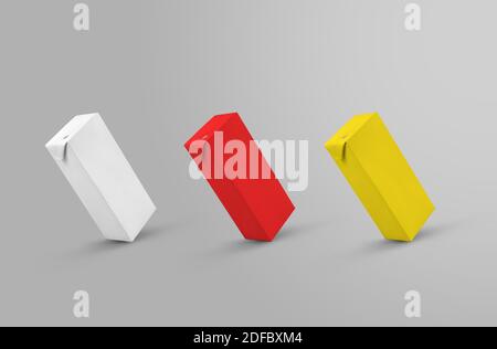 Mockup of clean tetra boxes of white, red and yellow colors with shadows, on an isolated background. Set of empty juice packaging for design presentat Stock Photo