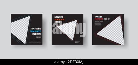 Template of black square vector web banners with triangles with stroke for photo. Design for social networks, standard size. Set Stock Vector