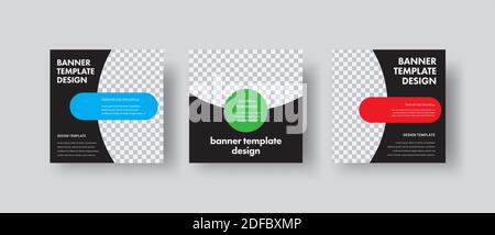 Design of black square web banners with round and semicircular shapes for photos. Standard size templates for social networks. Vector illustration. Se Stock Vector