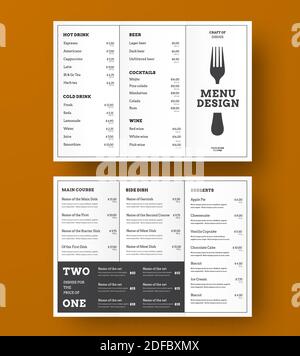 Design of the vector Trifold menu for a cafe or restaurant with black stroke and blocks for text. White print template. Stock Vector