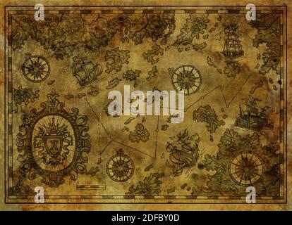 Ancient pirate map with old pirate sailboats, treasure islands ...