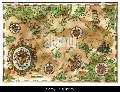 Ancient pirate map with old pirate sailboats, treasure islands ...