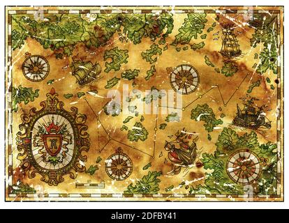 Ancient pirate map with old pirate sailboats, treasure islands ...