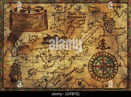 Ancient pirate map with old pirate sailboats, treasure islands ...