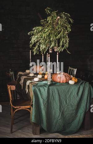 Stylish rustic Thanksgiving Day party table setting. Solid table with green linen tablecloth, dinnerware, glassware and cutlery decorated with pumpkins, candle holders, chairs, olive tree branches Stock Photo