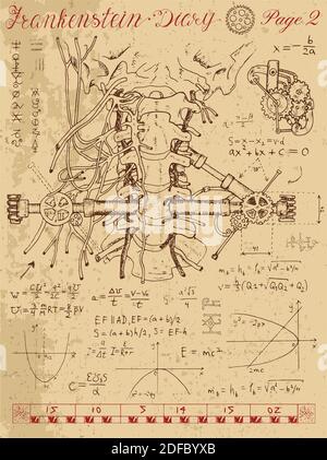 Graphic linear set with body and mechanical parts, and old mechanisms. Steampunk and ancient technology concept. Stock Vector