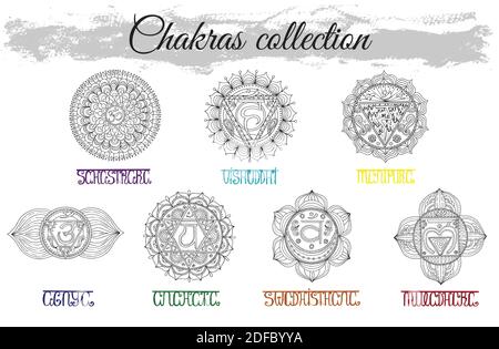 Graphic set with ornate chakras of human body, esoteric, wiccan and mystic concept. Stock Vector