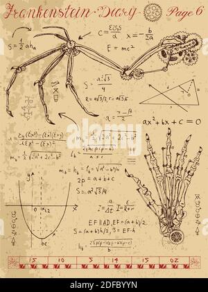 Graphic linear set with body and mechanical parts, and old mechanisms. Steampunk and ancient technology concept. Stock Vector