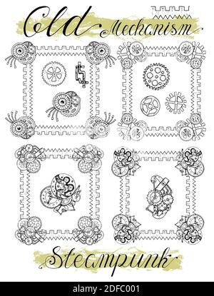 Set with retro mechanical frames in steampunk style. Fantasy engines, mechanisms and machines. Old technology concept. Stock Vector