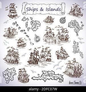 Graphic hand drawn collection of nautical marine design elements with old pirate ship, ancient sailboats, decorative frames Stock Vector