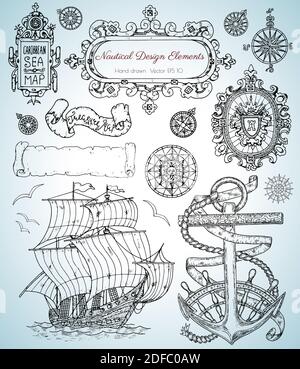 Graphic hand drawn collection of nautical marine design elements with old pirate ship, ancient sailboats, decorative frames Stock Vector
