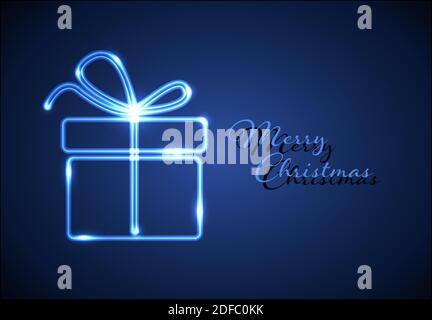 Christmas card with blue neon tube present gift box and some lights - blue version Stock Vector