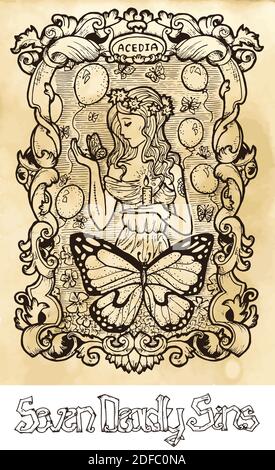 Seven deadly sins concept on texture vector background. Vector collection with frame. Hand drawn engraved illustration, Stock Vector