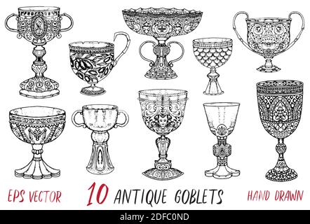 Vintage collection with ten antique goblets. Hand drawn doodle engraved illustration with graphic drawings Stock Vector