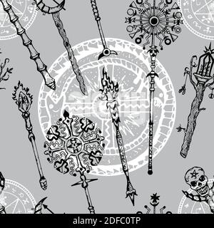 Antique magic wands isolated on white. Hand drawn doodle graphic illustration with fantasy and mystic objects Stock Vector
