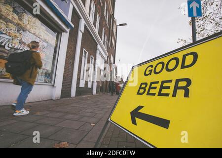 A 'Good Beer' sign on Streatham High Road on the 13th November 2020 in London in the United Kingdom. Photo by Sam Mellish Stock Photo