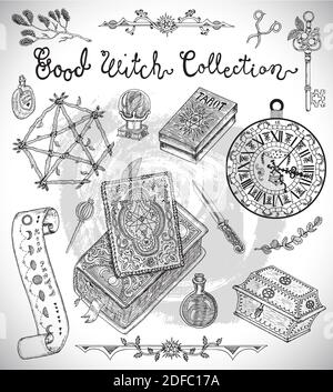 Halloween design background with witch objects. Graphic vector engraved illustration with design elements for poster, invitation, banner Stock Vector