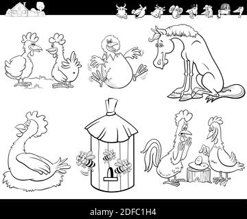 Black and white cartoon illustration of cute farm animals comic characters set coloring book page Stock Vector