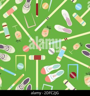 Croquet game seamless vector pattern background. Fun repeat of mallets, balls, shoes, hoops, drinks on lawn green backdrop. Colorful hand drawn design Stock Vector