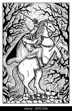 The headless horsman. Engraved black and white Fantasy illustration with mythological creatures and characters Stock Vector