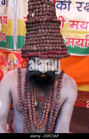 India, Uttar Pradesh, Allahabad, Sangam, portrait of a naga baba (sadhu, Hindu ascetic) during the Kumbh Mela festival in February 2013 Stock Photo