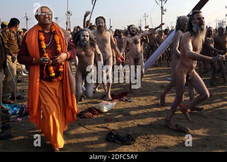 India, Maha Kumbh mela 2013 in Allahabad, thousands of people are heading to the Ganges for a dip on February 11, 2013 Stock Photo
