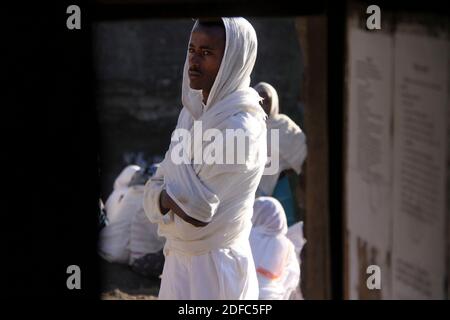 Ethiopia, near Lalibela, single Ethiopian man during an orthodox ceremony at Nakuta La'ab monastery Stock Photo