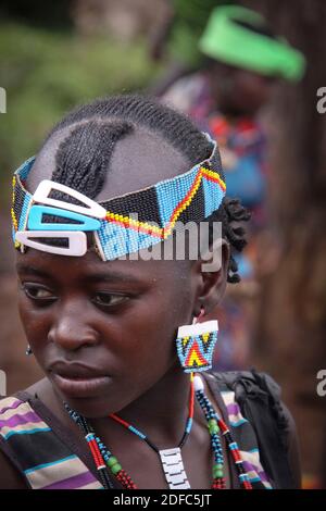 Ethiopia, young girl from the Hamar tribe in the market of Key Afar, portrait of Hamer Stock Photo