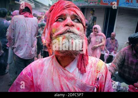 India, portrait during Holi celebrations in Vrindavan Stock Photo