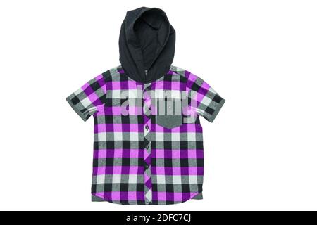 Hoodie isolated. Close-up of a trendy violet checkered hoodie shirt for boy isolated on a white background. Childrens spring, autumn and winter fashio Stock Photo